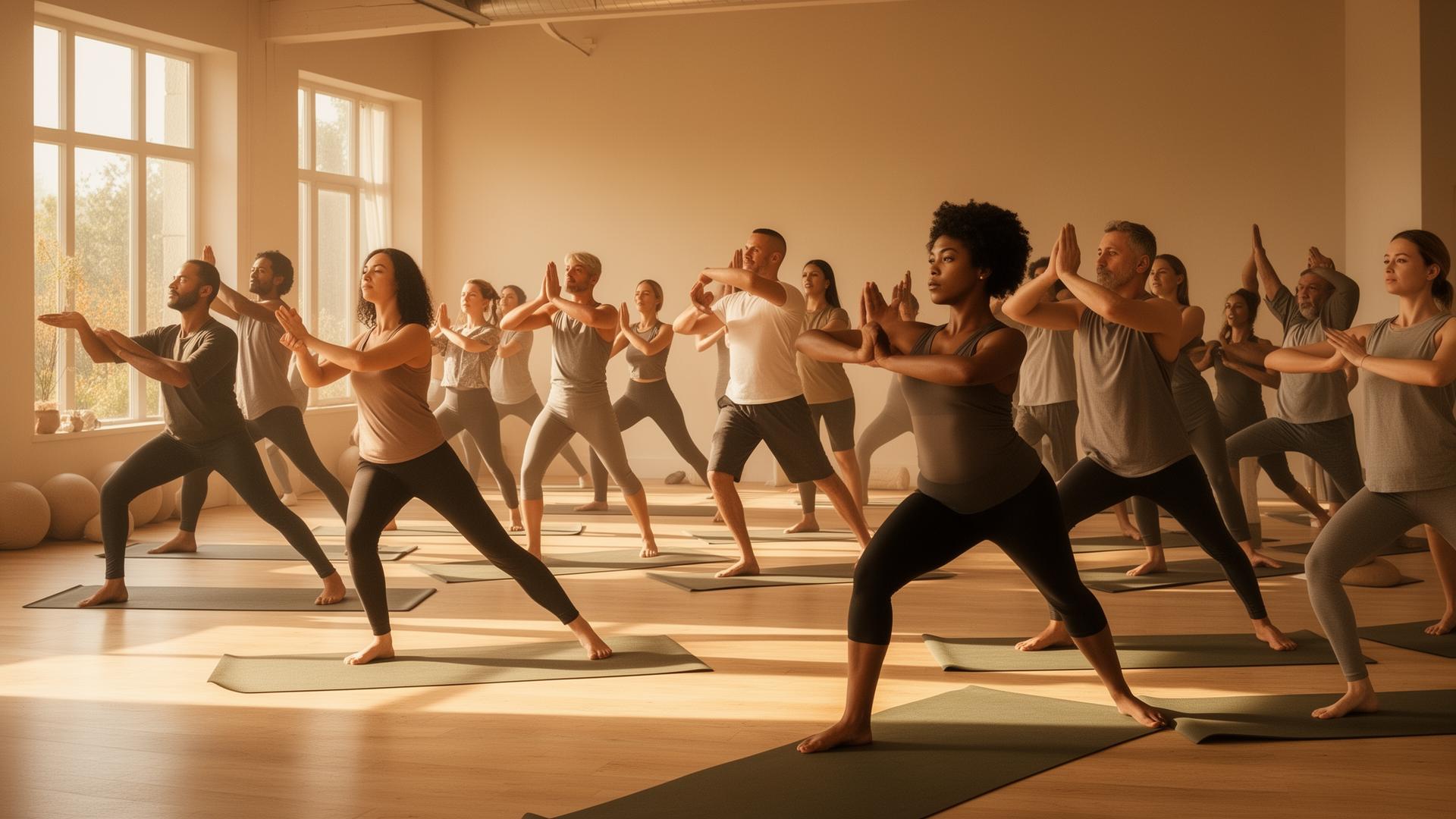 Diverse group practicing yoga together